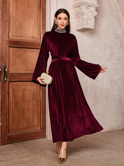 Middle Eastern Muslim Saudi Arabia Embroidered Dress Flared Sleeve Belt Zip Blouse - Mixbatch
