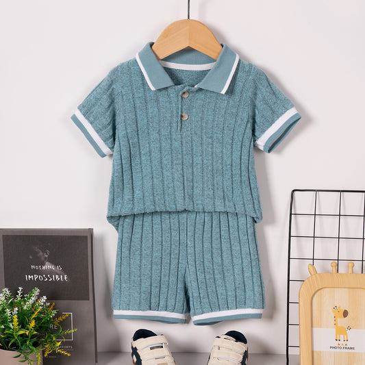 A summer boys short-sleeved shorts set two-piece set Polo collar British style solid color set shein popular - Mixbatch