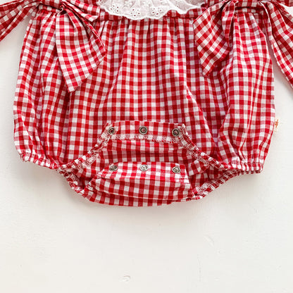 A newborn clothes summer thin girls sleeveless jumpsuit baby Korean version of red plaid triangle bag fart climbing clothes - Mixbatch