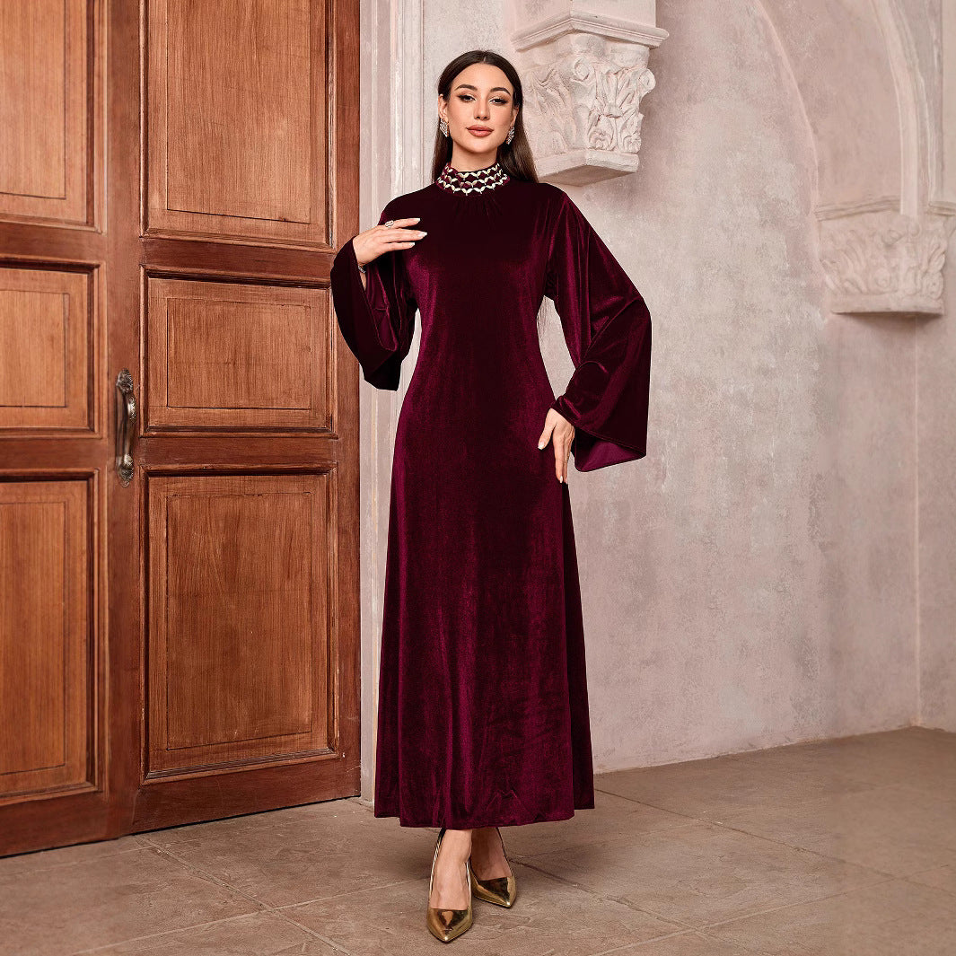 Middle Eastern Muslim Saudi Arabia Embroidered Dress Flared Sleeve Belt Zip Blouse - Mixbatch