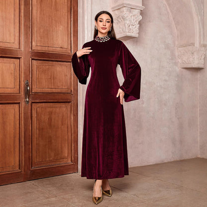 Middle Eastern Muslim Saudi Arabia Embroidered Dress Flared Sleeve Belt Zip Blouse - Mixbatch