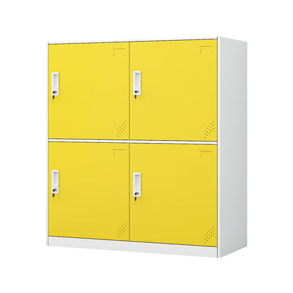 A colorful metal storage locker for school classrooms