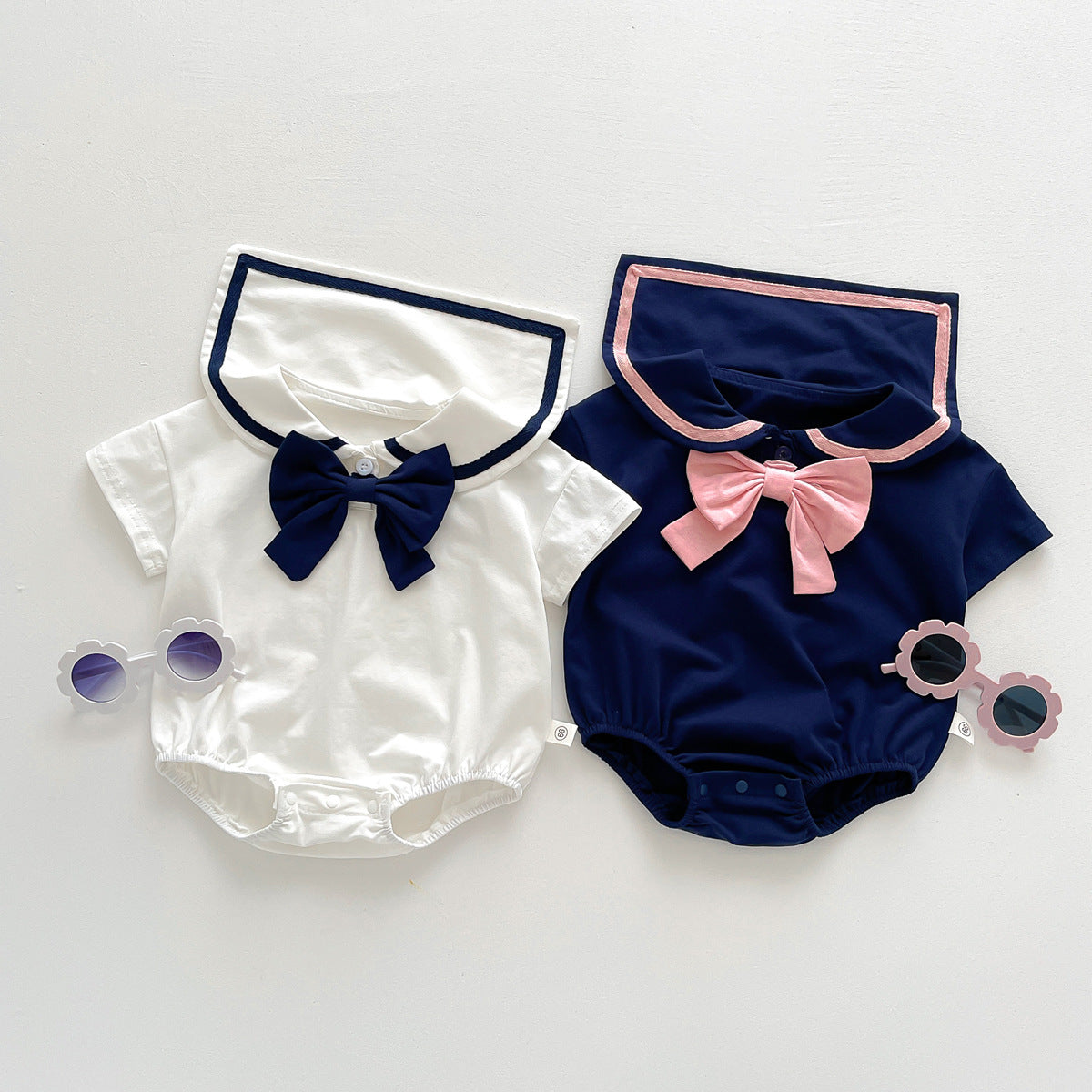 A baby summer new girl baby western-style college wind lapel bow Harbin clothes newborn triangle climbing suit - Mixbatch