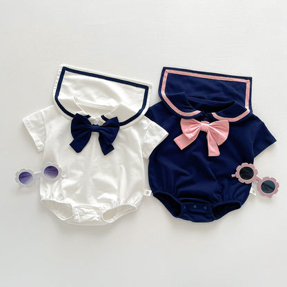 A baby summer new girl baby western-style college wind lapel bow Harbin clothes newborn triangle climbing suit - Mixbatch