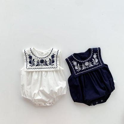 A ins summer cool navy embroidered collar sleeveless vest jumpsuit baby girl baby bag fart clothes climbing clothes - Mixbatch