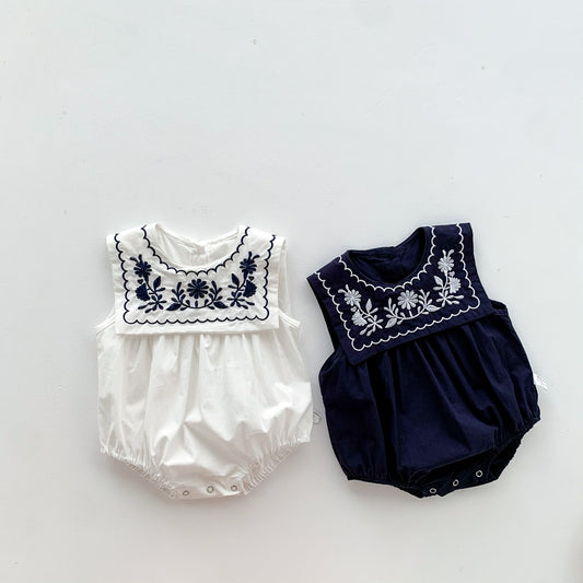 A ins summer cool navy embroidered collar sleeveless vest jumpsuit baby girl baby bag fart clothes climbing clothes - Mixbatch