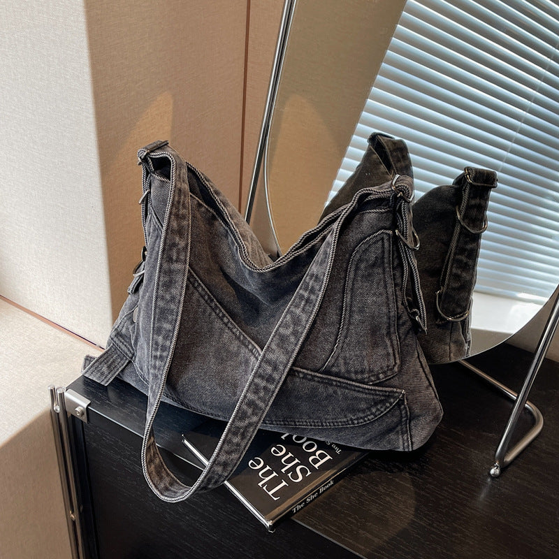 A denim shoulder bag