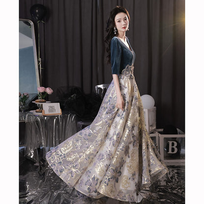 A banquet evening dress V-neck temperament waist long skirt high evening skirt