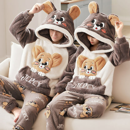 A Autumn and winter coral fleece men's and women's pajamas long-sleeved hooded cartoon flannel thickened couple loungewear warm suit