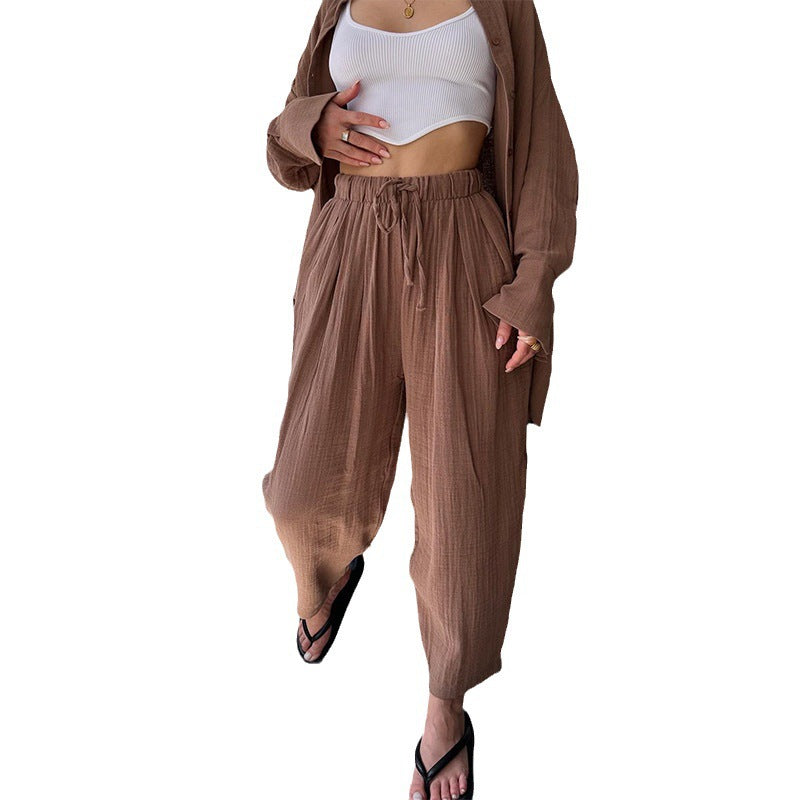 A autumn new simple niche lapel collar long-sleeved shirt high waist trousers casual suit