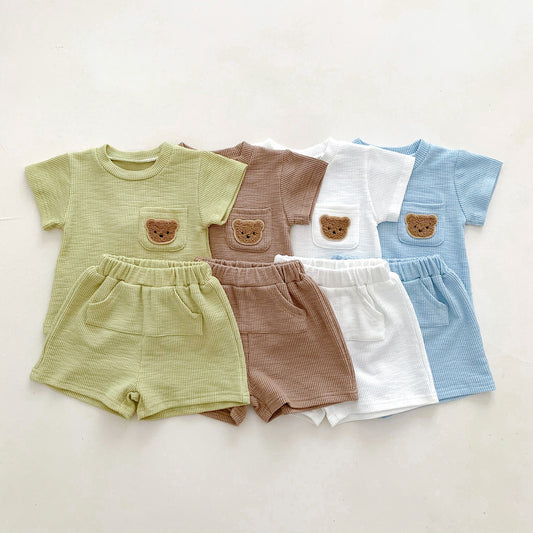 A summer thin baby Korean short-sleeved shorts cotton and linen pit strip suit for boys and girls round neck pullover two-piece suit - Mixbatch