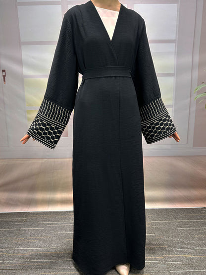Middle Eastern Muslim Clothing Fashion Elegant Pocket Cardigan Embroidered Lace-Up Dress Robe - Mixbatch