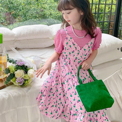 A girls' Korean version of floral small fresh skirt set medium and older children's summer new foreign-style sweet short-sleeved princess skirt tide