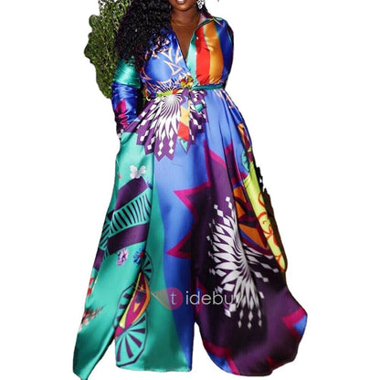 A European and American printed contrasting color dress, big swing dress, belt.