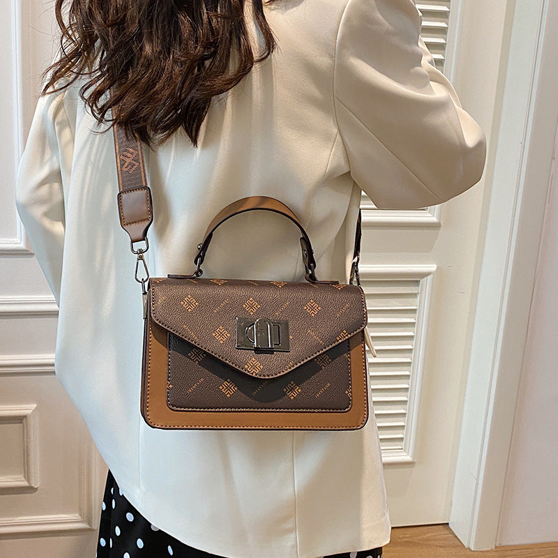 A cross-border fashion lock handbag women's simple trend atmospheric shoulder bag light luxury retro printed messenger tote bag - Mixbatch