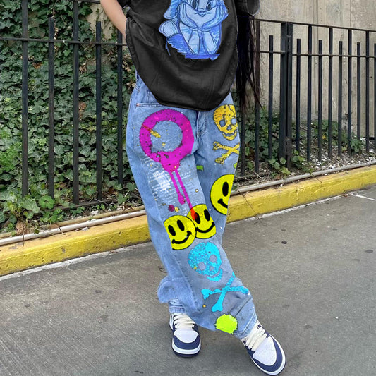 A new autumn European and American style street hipster Internet celebrity high waist wide leg jeans women's foreign trade pants 2526