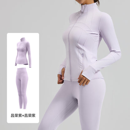 A Cross-border solid color splicing sports suit, slim fit training, fitness yoga clothes, women with pockets