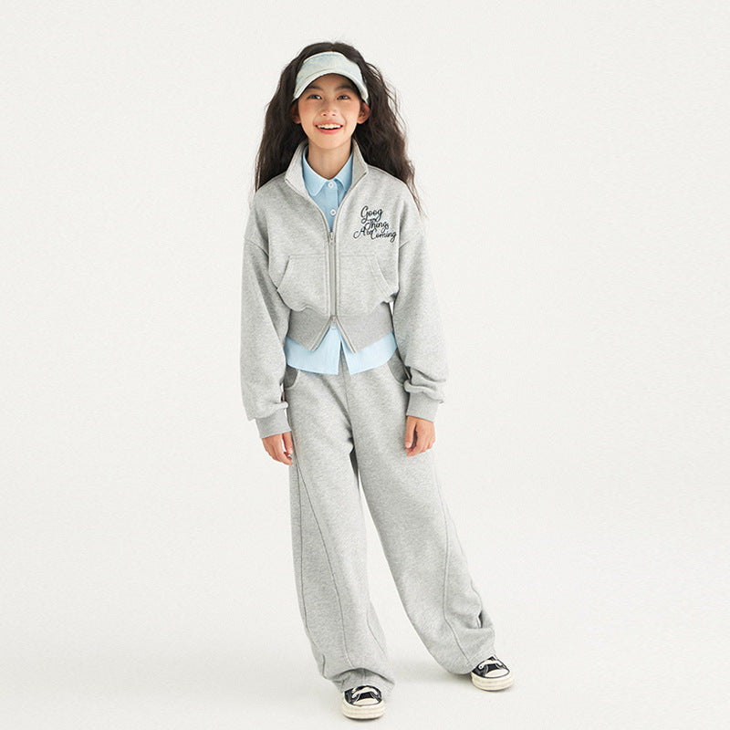 B2-m27 Spring new children's cotton stand-up collar zipper sweater sweatpants set - Mixbatch