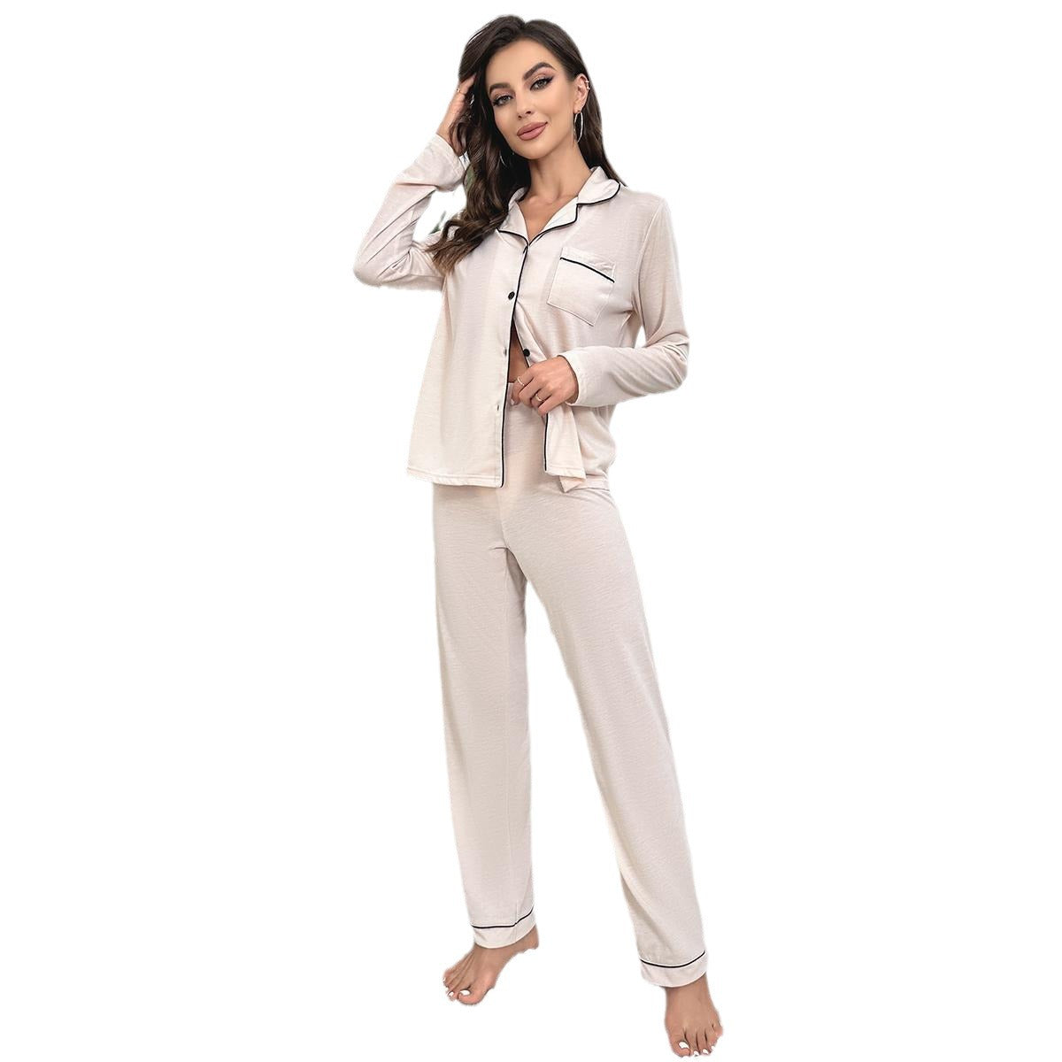 A Amazon foreign trade European and American pajamas women's autumn and winter solid color cardigan long-sleeved loungewear set can be worn outside cross-border TK - Mixbatch