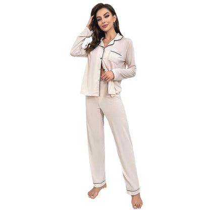 A Amazon foreign trade European and American pajamas women's autumn and winter solid color cardigan long-sleeved loungewear set can be worn outside cross-border TK - Mixbatch