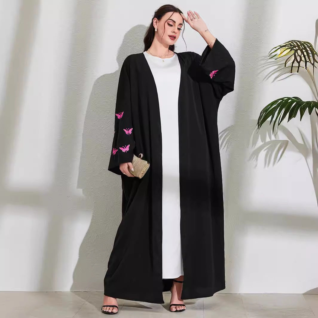 Middle Eastern Muslim Clothing Long Dress Fashion Elegant Pocket Cardigan Embroidered Butterfly Dress Robe - Mixbatch