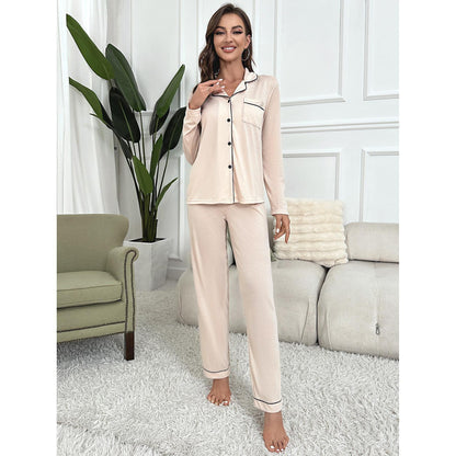 A Amazon foreign trade European and American pajamas women's autumn and winter solid color cardigan long-sleeved loungewear set can be worn outside cross-border TK - Mixbatch