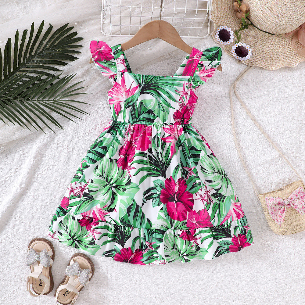 A medium and small children and girls spring and summer new holiday tropical green leaf print dress Q1922-C - Mixbatch