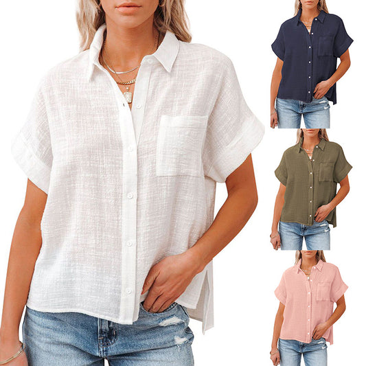 Europe, America cross-border Amazon summer new women's loose cotton and linen lapel curled short-sleeved button-up shirt