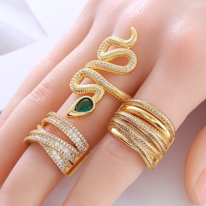 A personalized European and American green-eye snake-shaped micro-diamond ring, high-end retro clothing versatile multi-level ring manufacturer wholesale - Mixbatch