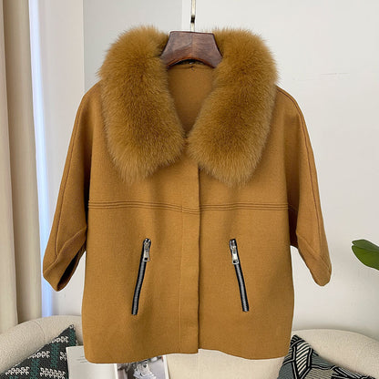 A autumn and winter new women's short knitted sweater real fox fur collar fashion bat sleeve cardigan jacket Korean version loose