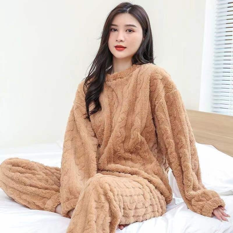 A Strictly selected coral fleece pajamas women's autumn and winter jacquard comfortable cotton fleece thickened loungewear two-piece set loose warm suit - Mixbatch