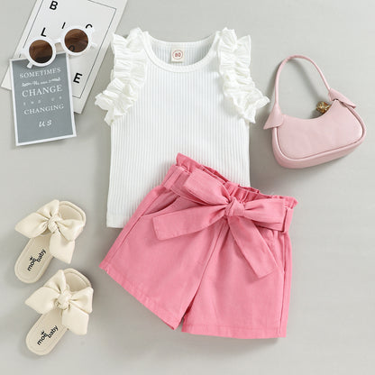 A European and American style summer small and medium-sized girl set with cotton pit strips and wooden ear edges, sleeveless top, solid color shorts, two-piece set - Mixbatch
