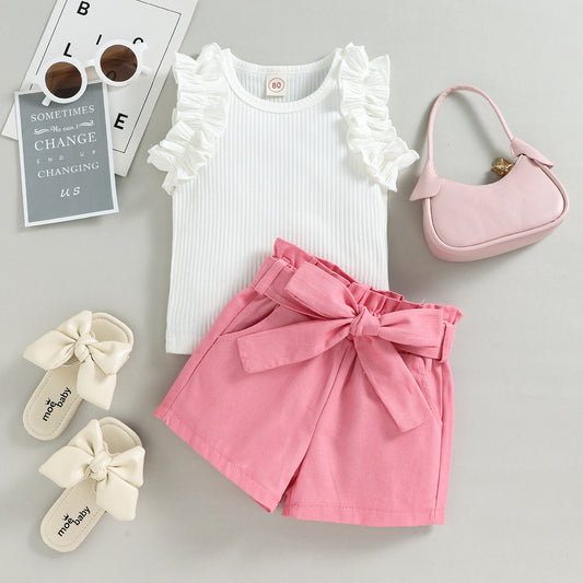A European and American style summer small and medium-sized girl set with cotton pit strips and wooden ear edges, sleeveless top, solid color shorts, two-piece set - Mixbatch