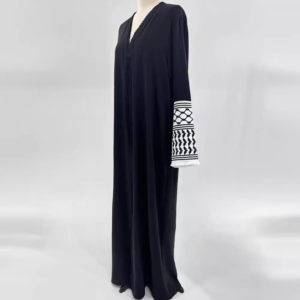 Middle Eastern Muslim Clothing Fashion Elegant Pocket Cardigan Embroidery Contrast Color Black and White Dress Robe - Mixbatch