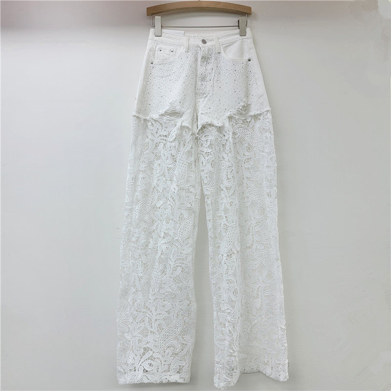 A Pink Lace Splicing Heavy Industry Hot Diamond Wide Leg Pants Women
