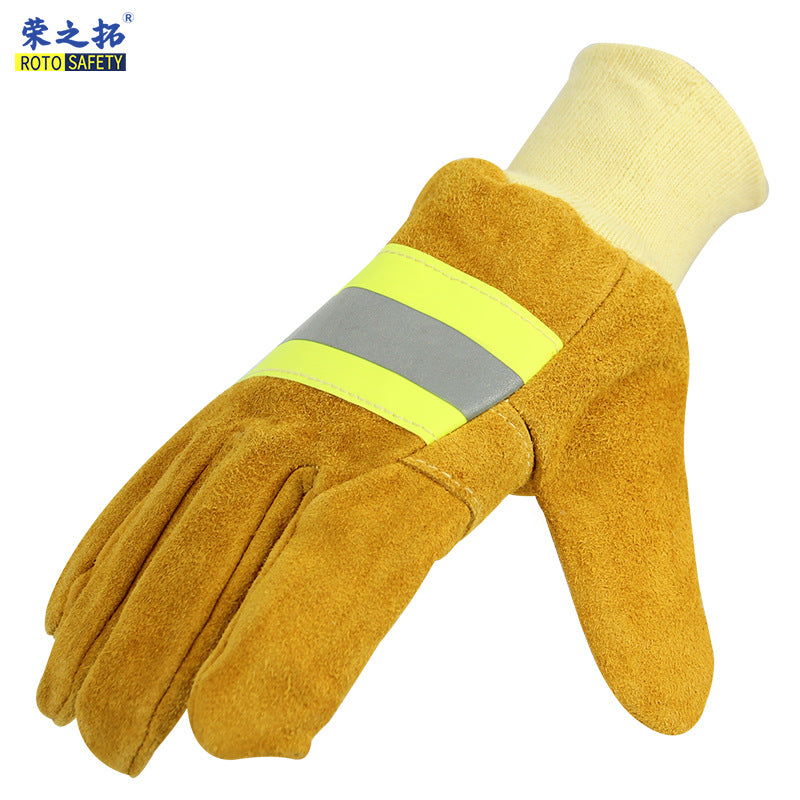 A Fire Gloves Fire Rescue Aramid Flame Retardant Heat Insulation Gloves Cowhide Thickened Warm Durable Scratch Resistant Stab-proof Gloves