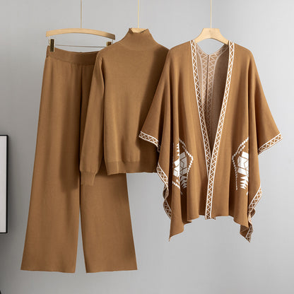 A knitted sweater shawl cape jacket three-piece set