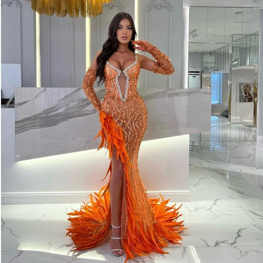 A Sparkling Diamond Sequins Embroidered Feather Skirt Orange Gloves Dress Red Carpet Muse Stage Dress