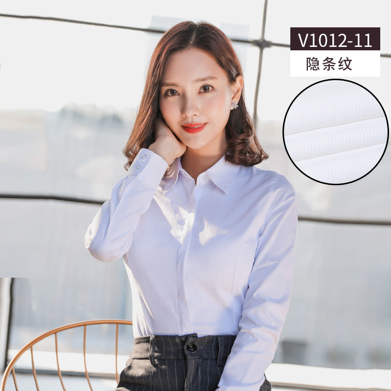 A new women's long-sleeved white shirt OL slim-fitting professional wear, interview overalls cotton V-neck shirt dress collar - Mixbatch