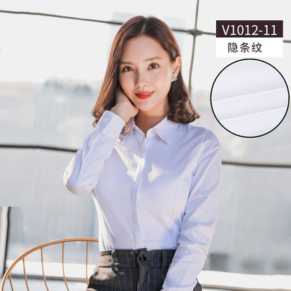 A new women's long-sleeved white shirt OL slim-fitting professional wear, interview overalls cotton V-neck shirt dress collar - Mixbatch
