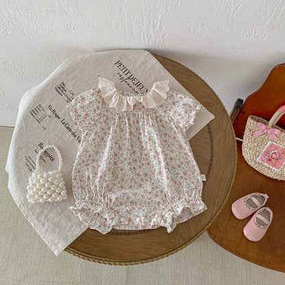A spot 24 summer new girls floral jumpsuit ruffled lapels bag fart clothes Ha clothes baby short sleeve climbing clothes - Mixbatch