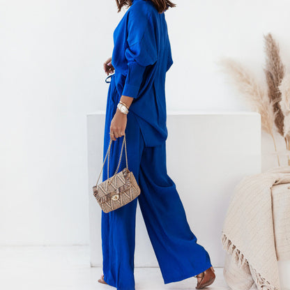 A European and American women's clothing spring new fashion temperament solid color lapel shirt high waist trousers two-piece set women