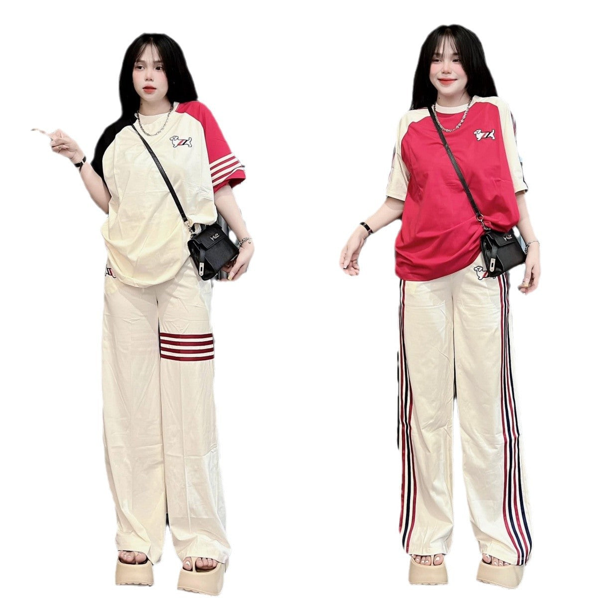 A Female Summer Loose Puppy Printed Short Sleeve Striped Wide Leg Pants Two-piece Casual