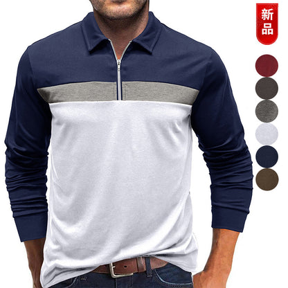 A Men's Fashion Color-Blocking Long Sleeve Zip Henry Shirt Amazon Fall Winter Men's Lapel Casual POLO Shirt