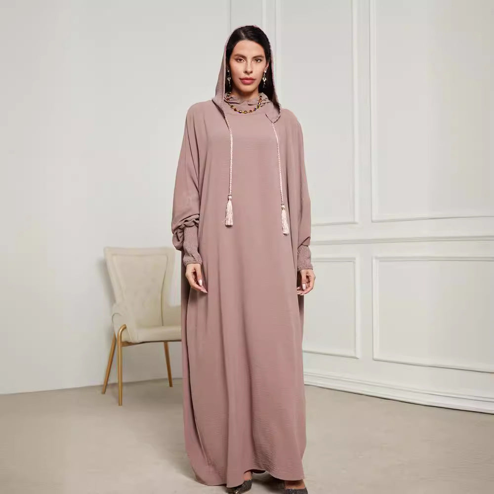 Cross-border new Muslim Middle East Arabian hooded hijab long dress rope fashion elegant dress robe - Mixbatch