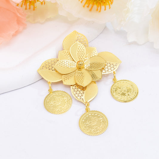 A new gold three-dimensional flower brooch light luxury high-end sense coin pendant brooch pin sweater suit accessories women - Mixbatch