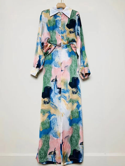 A Women's Retro Geometric Printed Lapel Shirt Two-piece Set + Loose Straight Pants Fashion Set