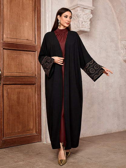 Middle Eastern Muslim Fashion Temperament Elegant Embroidered Cardigan Dubai Arabian Robe Bat Sleeve Split Black - Mixbatch