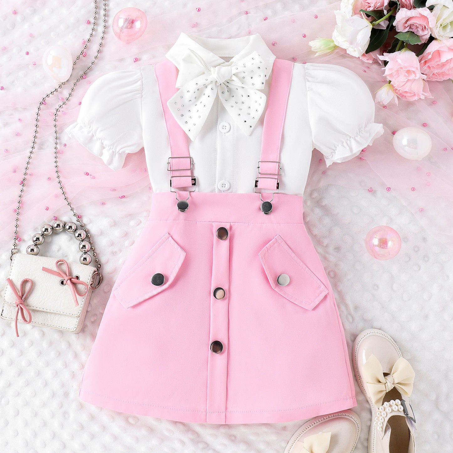 A 2024 summer amazon puff short sleeve lapel bow tie shirt strap short skirt girls suit - Mixbatch