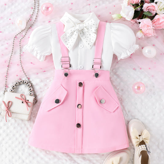 A 2024 summer amazon puff short sleeve lapel bow tie shirt strap short skirt girls suit - Mixbatch
